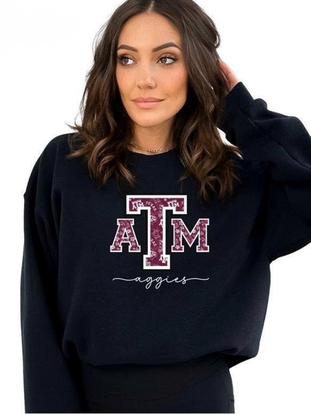 Black Crewneck Sweatshirt with Maroon Texas A&M Logo - Women’s Pullover